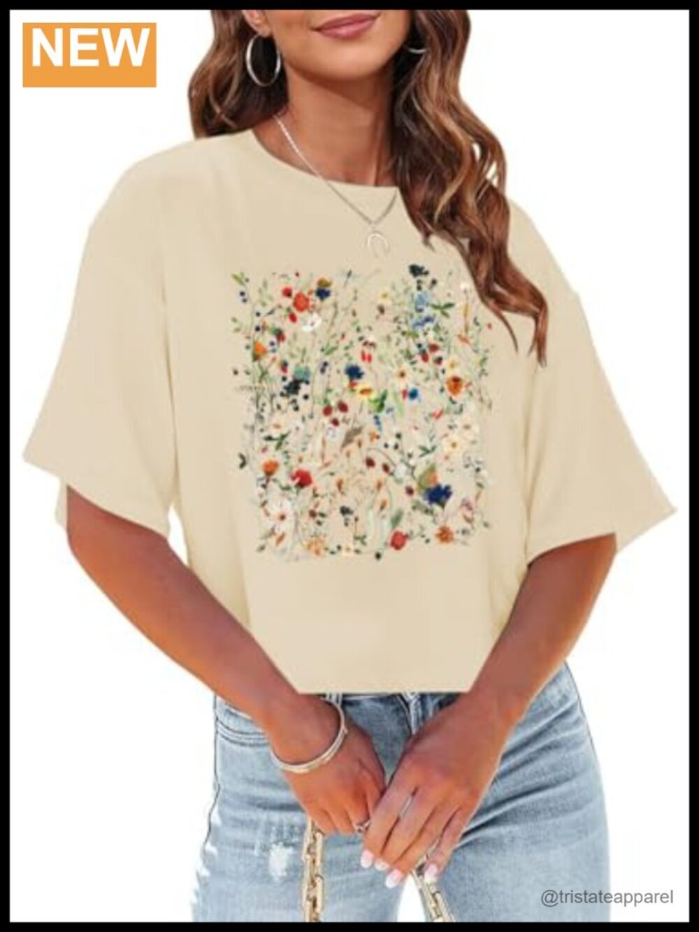 Womens Crop Top T Shirt Wildflower Graphic Short Sleeve Summer Casual Loose